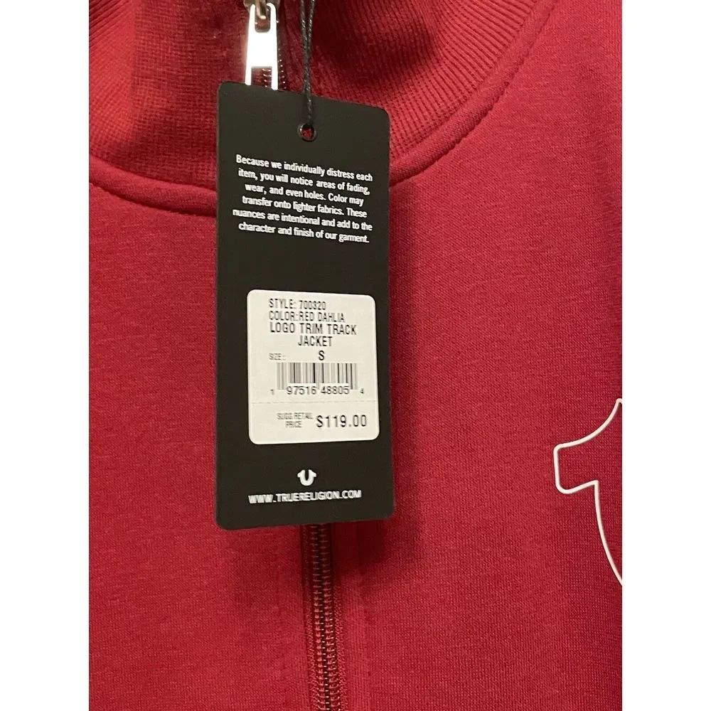 True Religion Men Logo Trim Track Jacket Size Small‎ Red Sweatshirt Full Zip NEW